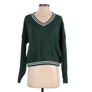 Preppy Green and White V-Neck Hollister Sweater | XXS